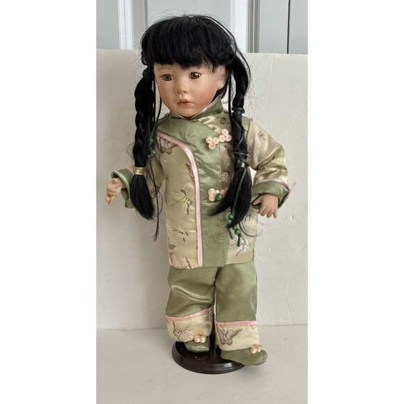 Porcelain Chinese Child Doll Asian 18.5" Stand Satin Dress Vintage Collection - Picture 1 of 6